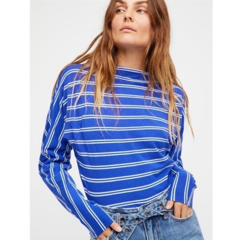 Free People Women's Blue Striped Ardmore Long Sleeve Tie Back Top Size XSmall
